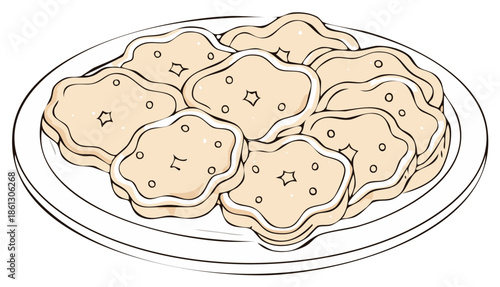 Hand-drawn illustration of decorated sugar cookies piled on a white plate