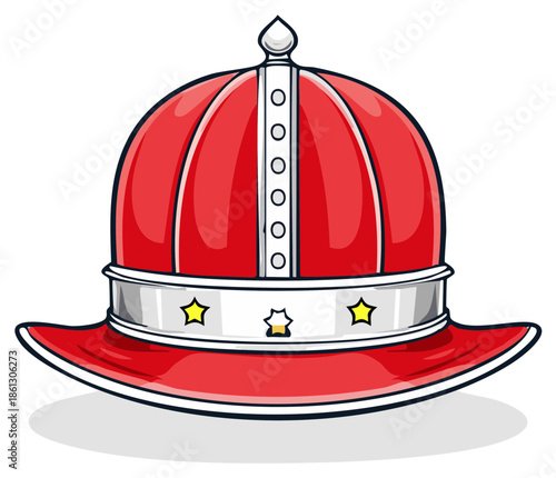 Cartoon red ceremonial hat with silver band decorated with golden stars illustration