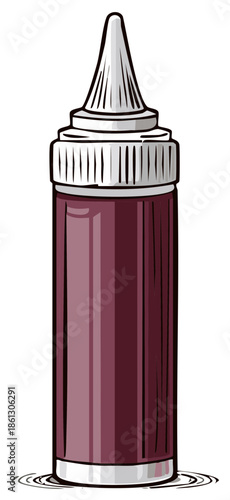 A tall purple squeeze bottle with a white cap and nozzle sits in a pool of liquid.