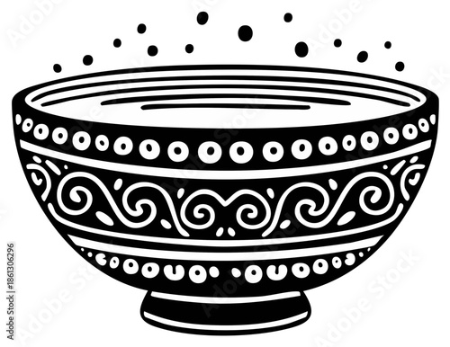 Ornate decorative bowl with steaming hot soup, black and white folk art illustration