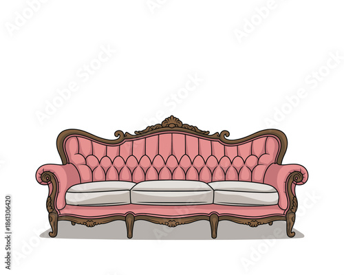 Elegant Pink Tufted Victorian Sofa with Intricate Wood Carvings