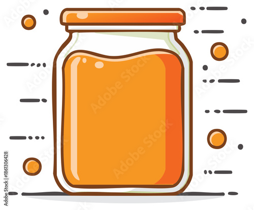 Cartoon illustration of glass jar filled with orange liquid and floating dots ideal for product presentations or creative content