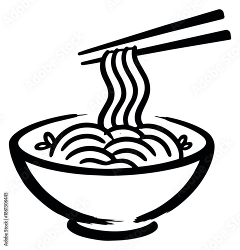 Hand drawn line art illustration of ramen depicting chopsticks picking up noodles for food packaging and restaurant menus