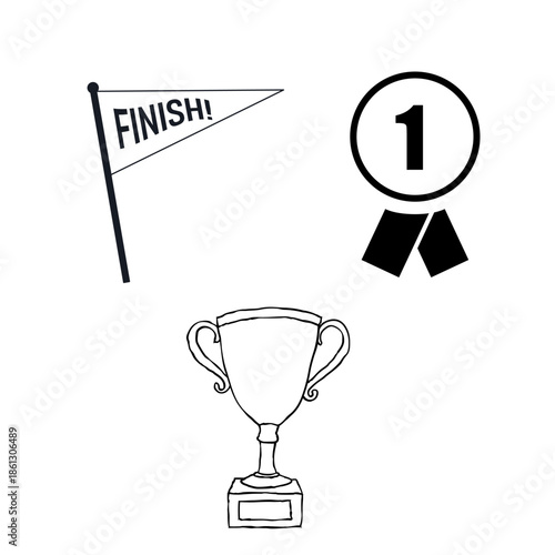 Trophy y and medal symbolizing first place, victory and success in competitions and business.