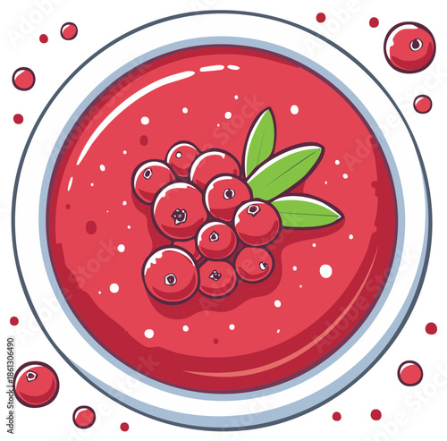 Cranberry sauce or berry soup in a bowl with fresh cranberries and leaves top view vector illustration.