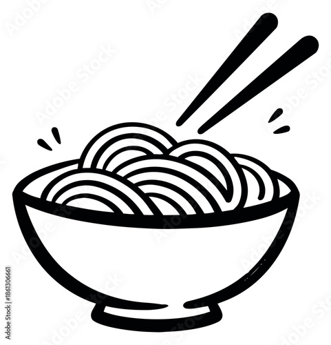 Hand drawn line art illustration of noodles with chopsticks in a bowl depicting steaming food for Asian cuisine
