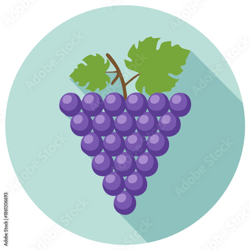 Stylized purple grapes cluster with green leaves and stem in a flat design on a circular blue background