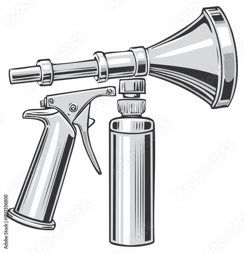 Illustration of a vintage metal garden sprayer with an atomizer