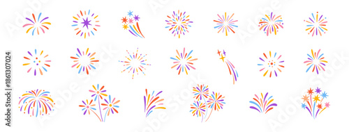 Crayon colorful fireworks big set. Handdrawn sketches of whimsical sparkles, firecrackers, confetti, magical bursts. Cute childish chalk drawings for birthday, carnival, holidays. Vector illustration