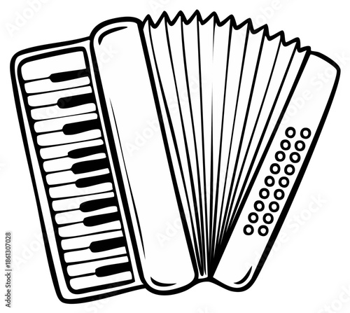 Accordion Musical Instrument Black and White Outline Style for Print or Design