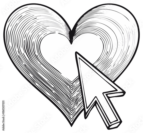 Cursor pointing heart for romantic web browsing online dating and click love
