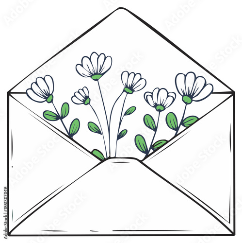 Hand Drawn Envelope Filled With Delicate Daisy Flowers and Green Leaves