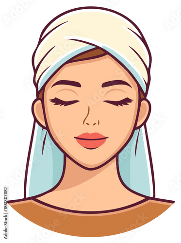 Relaxed woman with towel turban on head and closed eyes receiving beauty treatment in a spa or wellness center