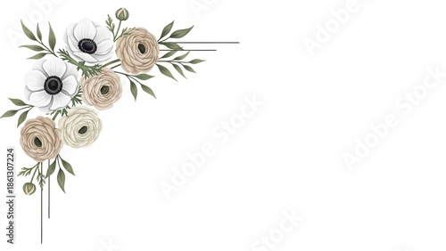 Hand painted minimal floral corner element featuring anemones and ranunculus in a neutral color scheme isolated on white background