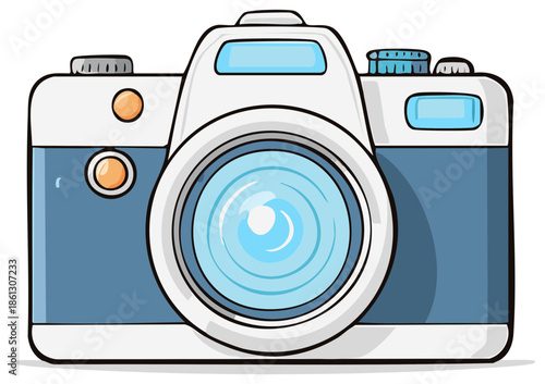 Stylized cartoon illustration of a retro blue and white photography camera.