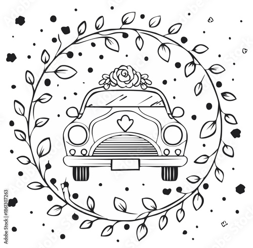 Floral Wedding Car Illustration with Wreath of Leaves and Blossoms, Vector Line Art