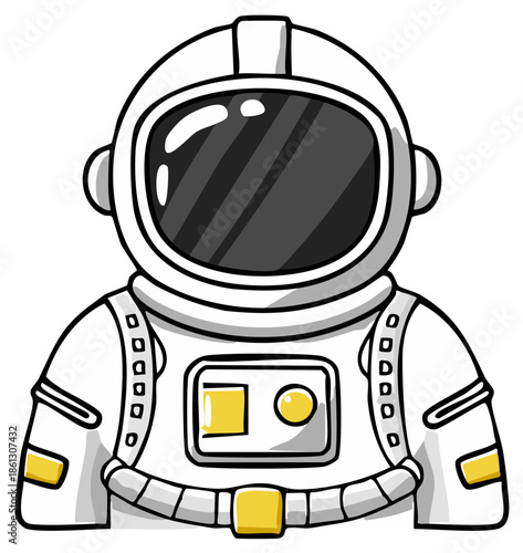 Cute astronaut cartoon character in a white and yellow spacesuit with a helmet