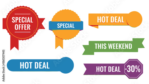 Mixed set of colorful vector graphic elements: special offer badges, hot deal labels, and discount banners for digital use.