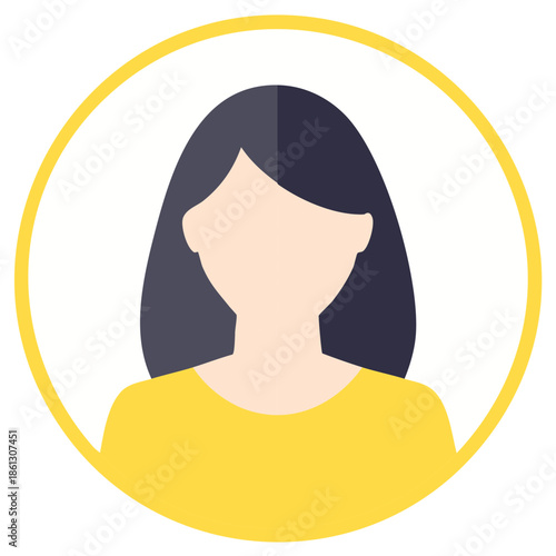 Woman Avatar Icon with Dark Hair and Yellow Top in Circle Frame Simple Flat Vector Graphic Profile Design