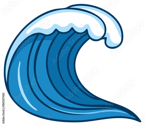 Cartoon ocean wave with foam crest, blue sea wave curl for surfing or water sports illustration
