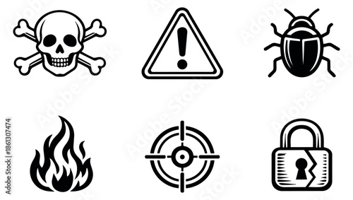 Monochrome icon hazard and security set featuring a skull, warning sign, bug, fire, target, and broken padlock for safety and threat alerts