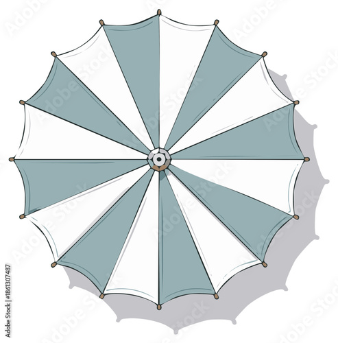 Striped Beach Umbrella Top View Illustration with Shadow, Outdoor Shade Structure Graphic