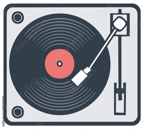 Simplified illustration of a vintage vinyl record player with record disc and arm playing music.