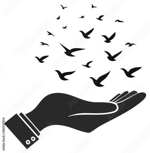 Hand releasing birds illustration expressing freedom and positive transformation in black