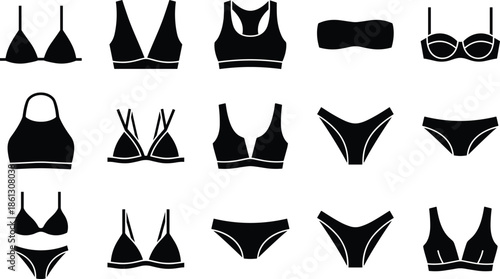 Women underwear and lingerie silhouettes collection illustration with bras panties bikini sets fashion black vector icons isolated white background