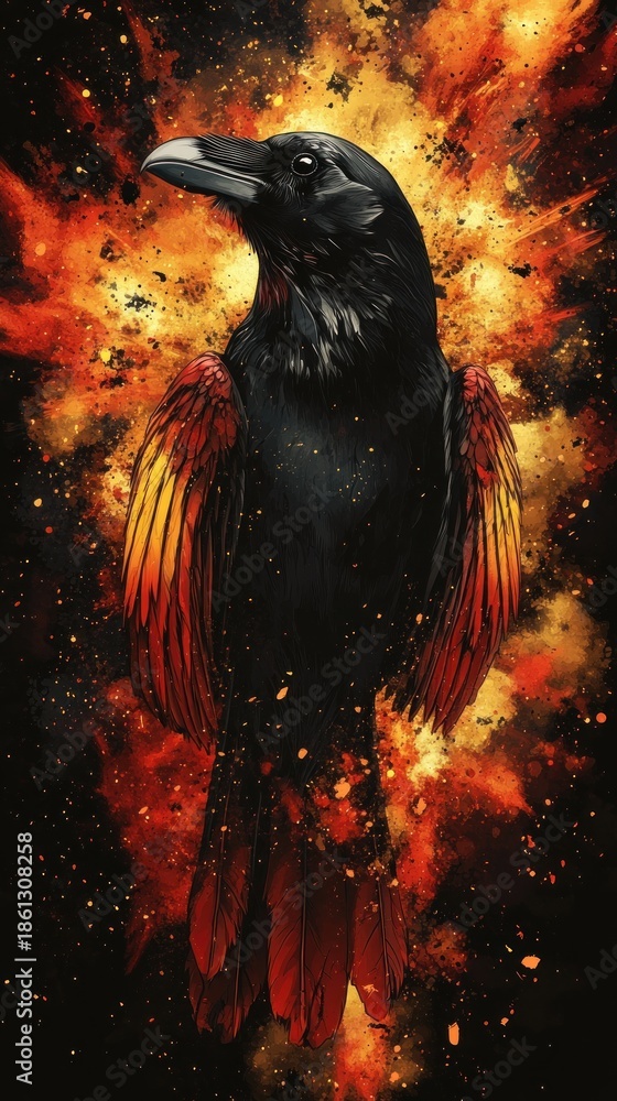 Fototapeta premium Majestic raven with fiery wings surrounded by a vibrant explosion of colors