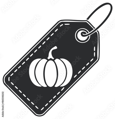 Harvest season sale tag with pumpkin illustration and stitched border