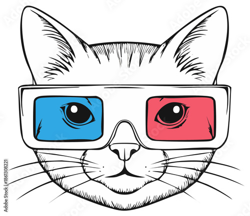 Cartoon Cat with 3D Glasses Illustration, Black and White, Portrait of an Animal, Line Art