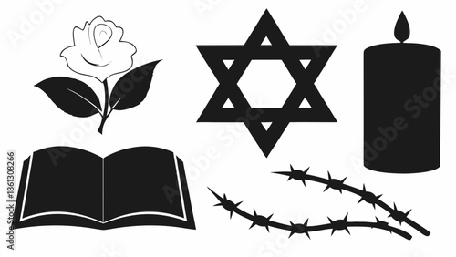 Holocaust remembrance symbols with Star of David, book, rose, candle, and barbed wire