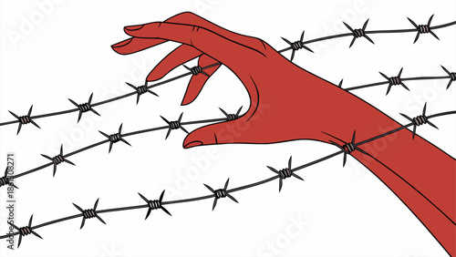 Red hand reaching through barbed wire fence