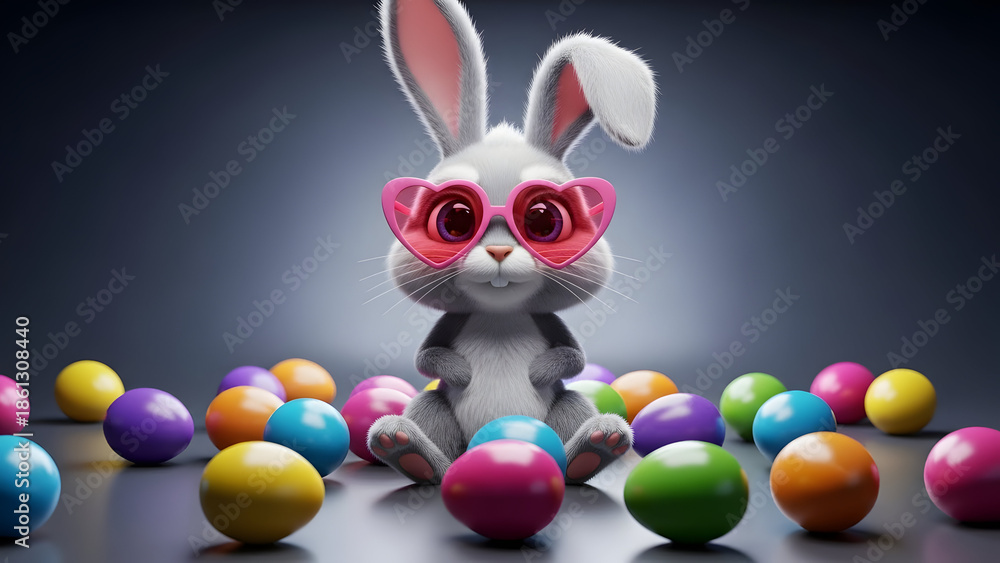 Fototapeta premium Cute Easter bunny with pink glasses holding colorful eggs vector illustration