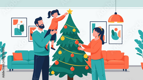 Family decorating a Christmas tree vector illustration with ornaments and festive lights, creating joyful holiday memories
