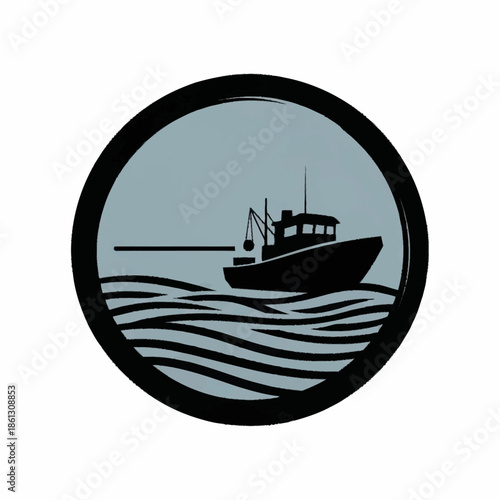 Fishing Boat on Wavy Water in Circle Silhouette.