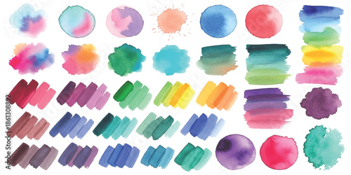 A large collection of colorful watercolor brush strokes, swatches, and abstract splatters