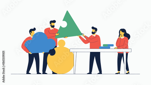 Diverse Team Collaborating on Project with Abstract Shapes in Bright Studio