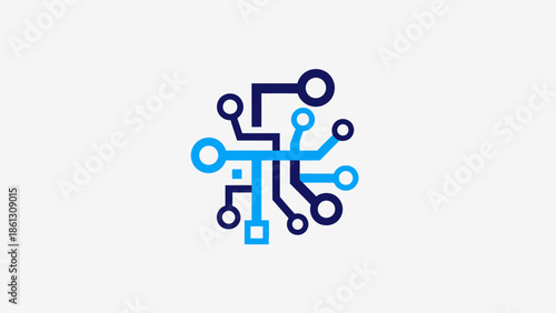 Abstract blue and black circuit board or microchip icon, representing technology and digital connection, in a bright studio background.