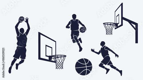 Dynamic silhouettes of male basketball players dribbling, shooting, and jumping around hoops, in a bright studio background.
