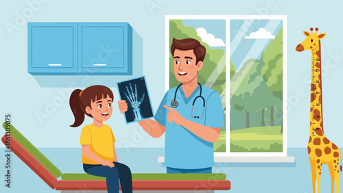 Charming vector illustration of a friendly doctor showing an X-ray to a smiling young girl in a bright, clean examination room, with a giraffe looking through the window
