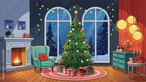 Cozy Christmas Eve vector illustration of a beautifully decorated tree with presents beneath it, a fireplace, and festive lights creating a warm holiday atmosphere