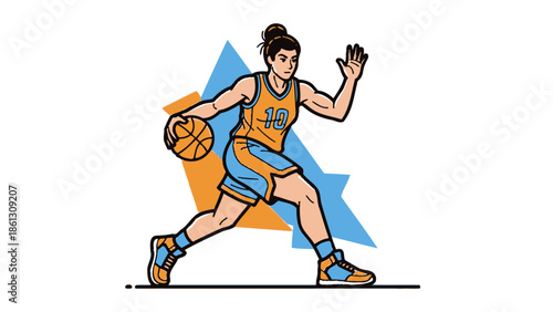Focused female basketball player dribbling a basketball with dynamic abstract background shapes.