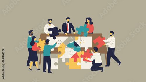 Diverse group of business people collaborating to solve a large jigsaw puzzle on a table, symbolizing teamwork and problem-solving in an office setting.