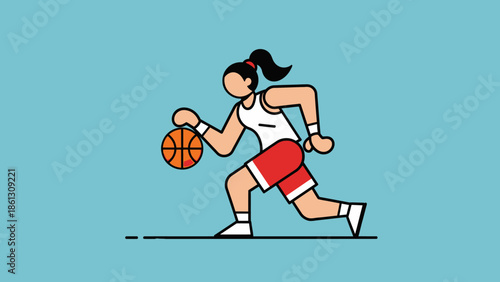 Dynamic female basketball player dribbling a basketball while running on a blue background.