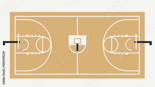 Detailed overhead view of a brown basketball court with markings and a hoop, ready for play, on an isolated white background.