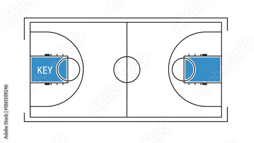Minimalist overhead view of a basketball court outline with key areas highlighted, on an isolated white background.