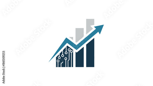 Business growth graph with an upward arrow and integrated circuit board pattern, representing technological advancement and financial progress on an isolated white background.