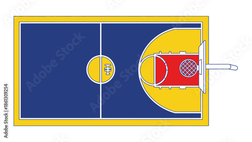 Top View of Colorful Basketball Court with Yellow, Blue, and Red Zones.